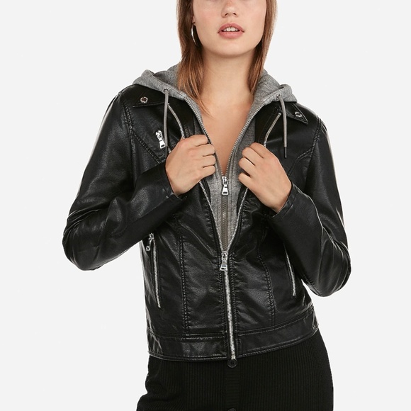 Express Jackets & Blazers - NWT Vegan Leather Removable Hoodie Zip Mot…